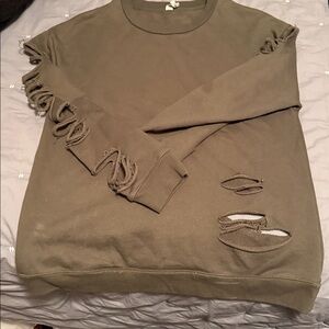 ALO Yoga Olive Distressed Crewneck Sweater